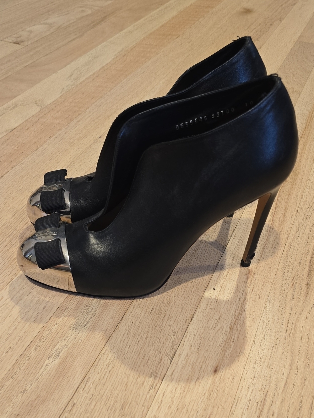 Ferragamo Black Leather Pump/ Bootie with Metallic Cap Toe